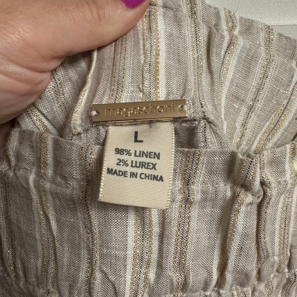 Magaschoni Linen Pants Womens L Pull On Striped Metallic Wide Leg Paperbag Waist - Picture 3 of 15